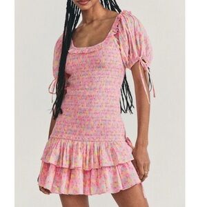 Loveshackfancy Violet Ruffle Mini Dress in Floral Melon Punch size Large $395